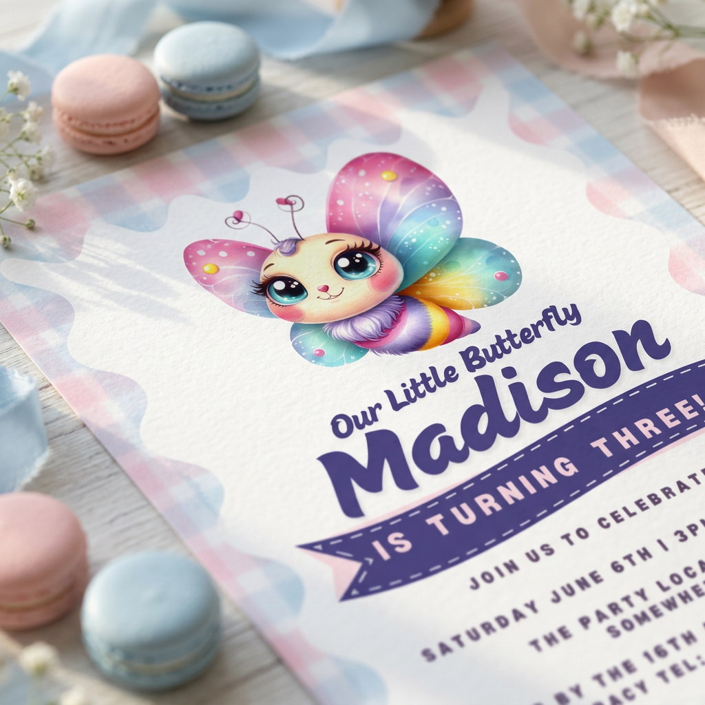 Cute Butterfly Kids Birthday Invitation Template, Colorful Girls Birthday Party Invite, Editable Canva Template, Printable 5x7 Invitation