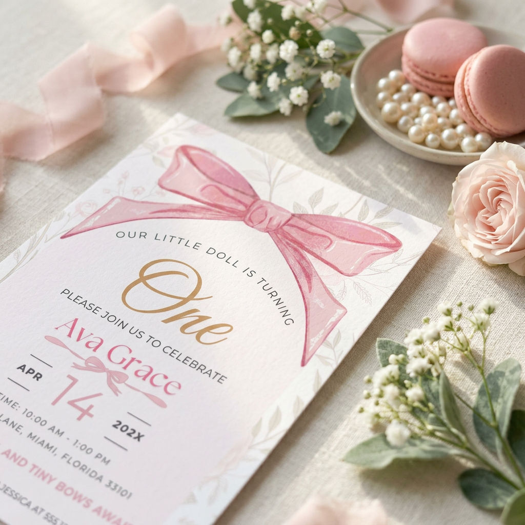 Pink Bow First Birthday Invitation Template, Coquette Girl Birthday Party Invite, Editable Canva Template, Printable 5x7 Invitation