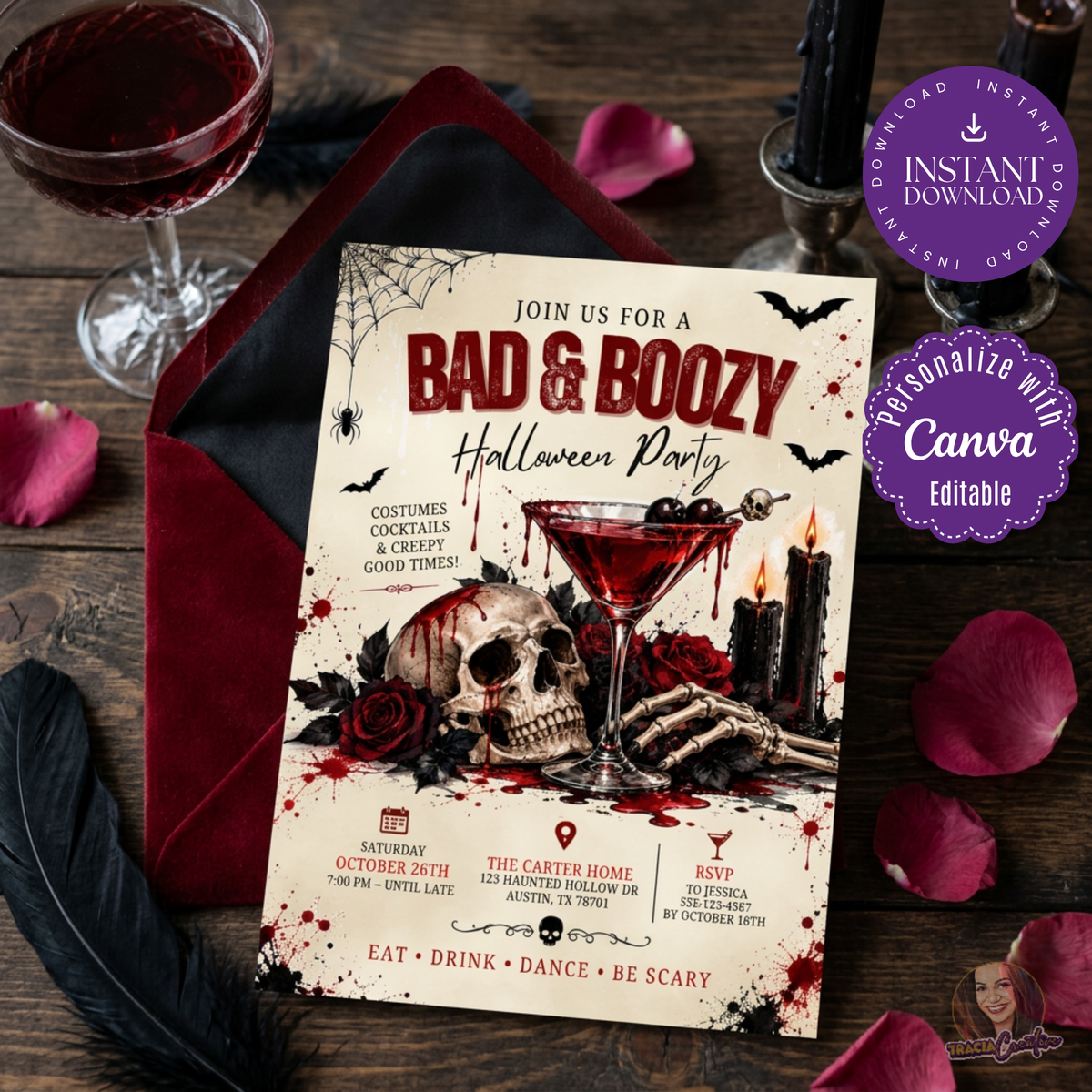 Bad & Boozy Halloween invitation with a skull, red roses and a cocktail beside a burgundy envelope