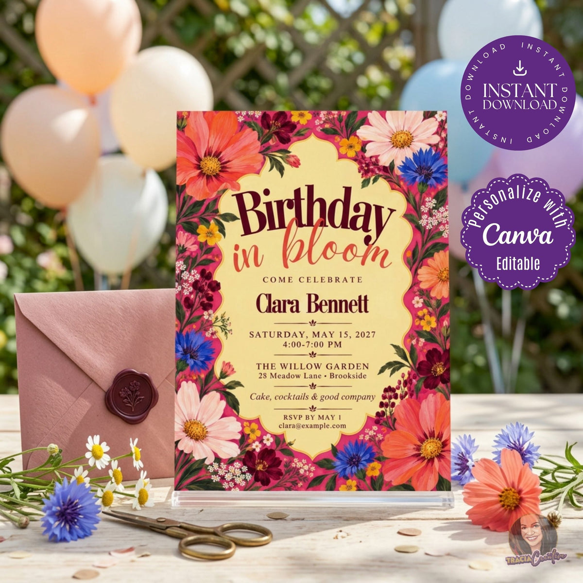 Birthday in Bloom invitation with a bold floral border and yellow center, standing among balloons and flowers.