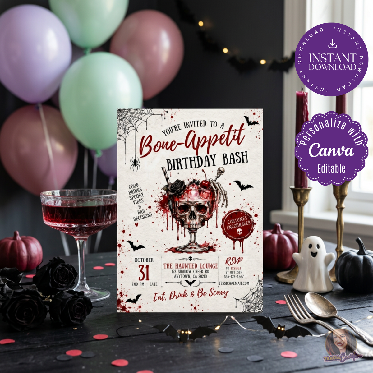 Bone-Appetit Halloween Birthday Invitation Template, Gothic Cocktail Birthday Bash, Editable Canva Halloween Party Invite, Printable 5x7