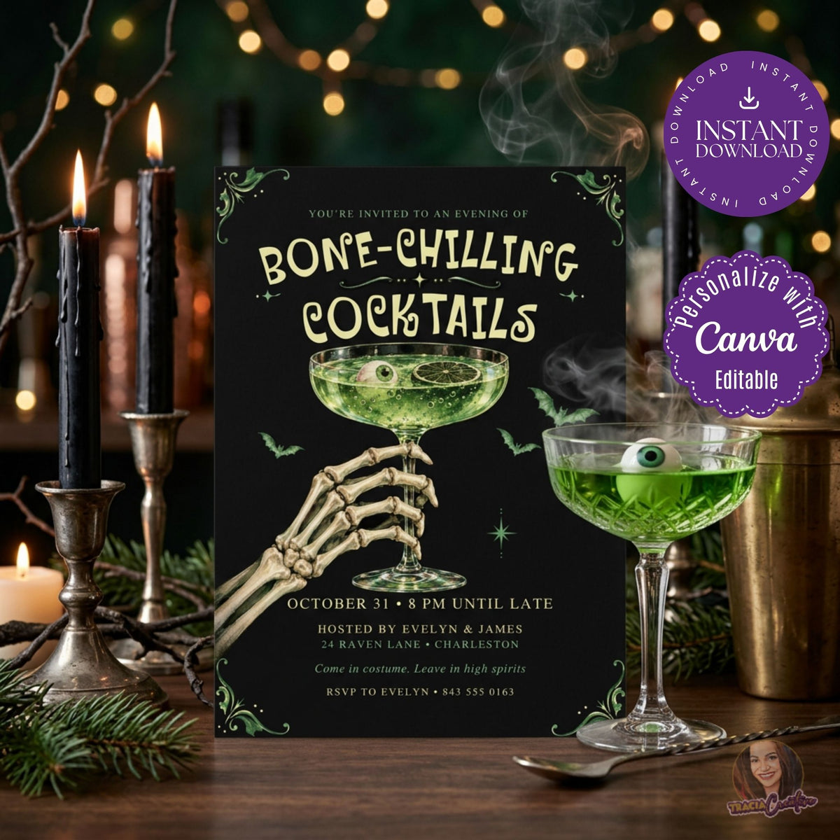 Bone-Chilling Cocktails Halloween Party Invitation Template, Editable Canva Invite, Skeleton Hand Green Potion Cocktail, Spooky Adult Halloween, 5x7