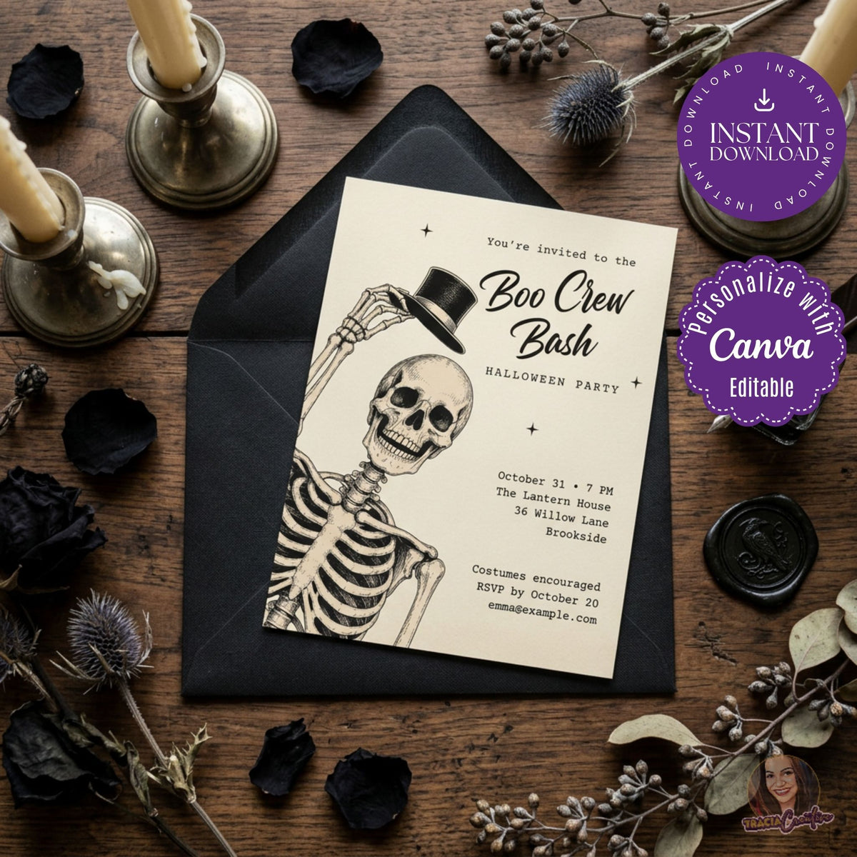 Ivory Boo Crew Bash invitation with a skeleton tipping a top hat on a black envelope