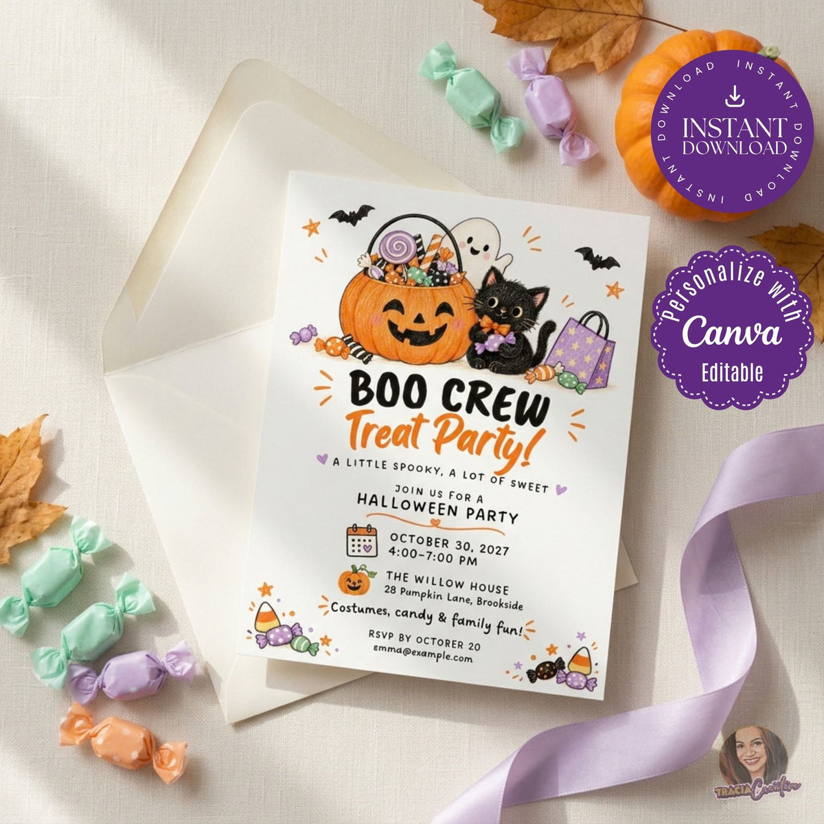 Kids' Boo Crew Treat Party invitation with a black cat, ghost and pumpkin candy bucket on an ivory envelope