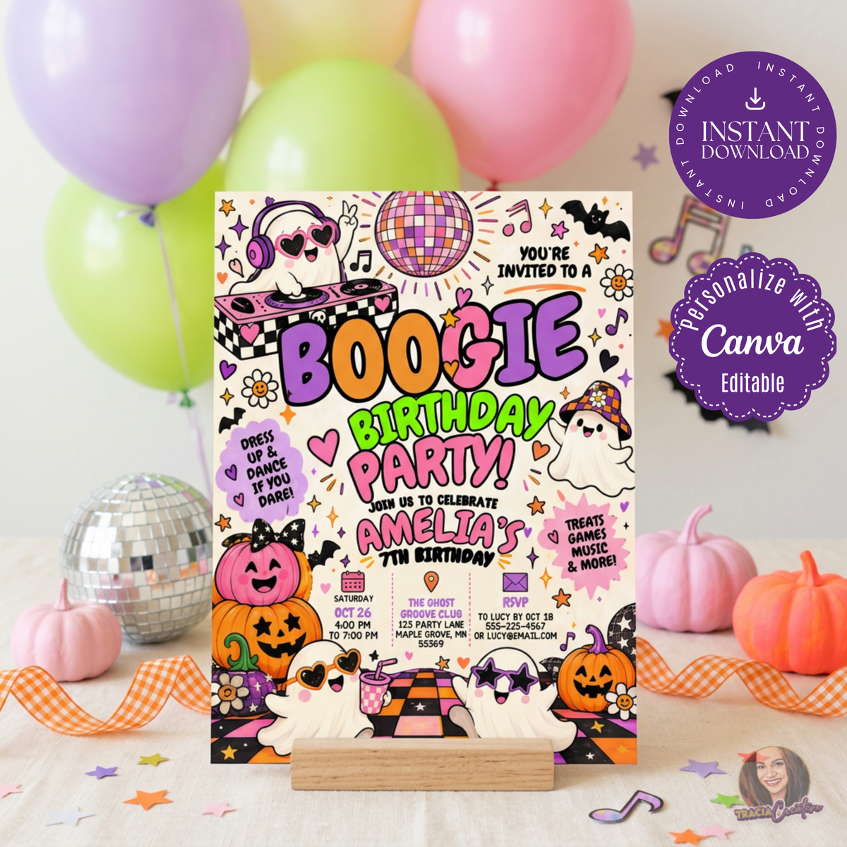 Boogie Birthday Party Invitation Template, Halloween Disco Ghost Birthday Invite, Editable Canva Invitation, Printable 5x7