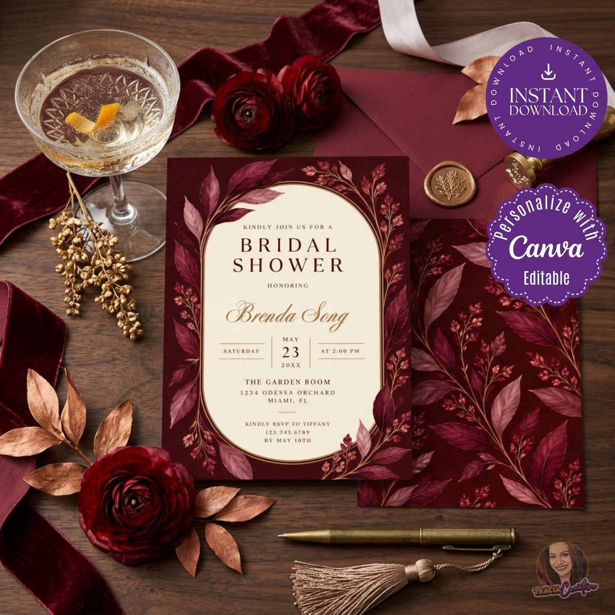 Burgundy Bridal Shower Invitation Template with Matching Back | Elegant Gold Floral Editable Canva Invitation | 5x7 Printable