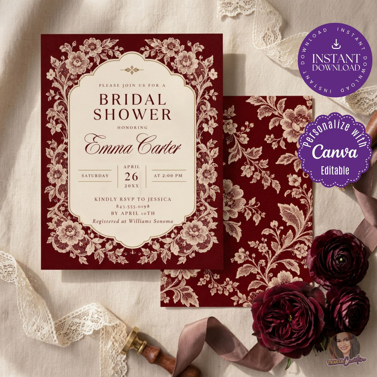 Burgundy Lace Bridal Shower Invitation Template, Elegant Vintage Floral Bridal Shower Invite, Editable Canva Invitation, 5x7 Printable with Back Design