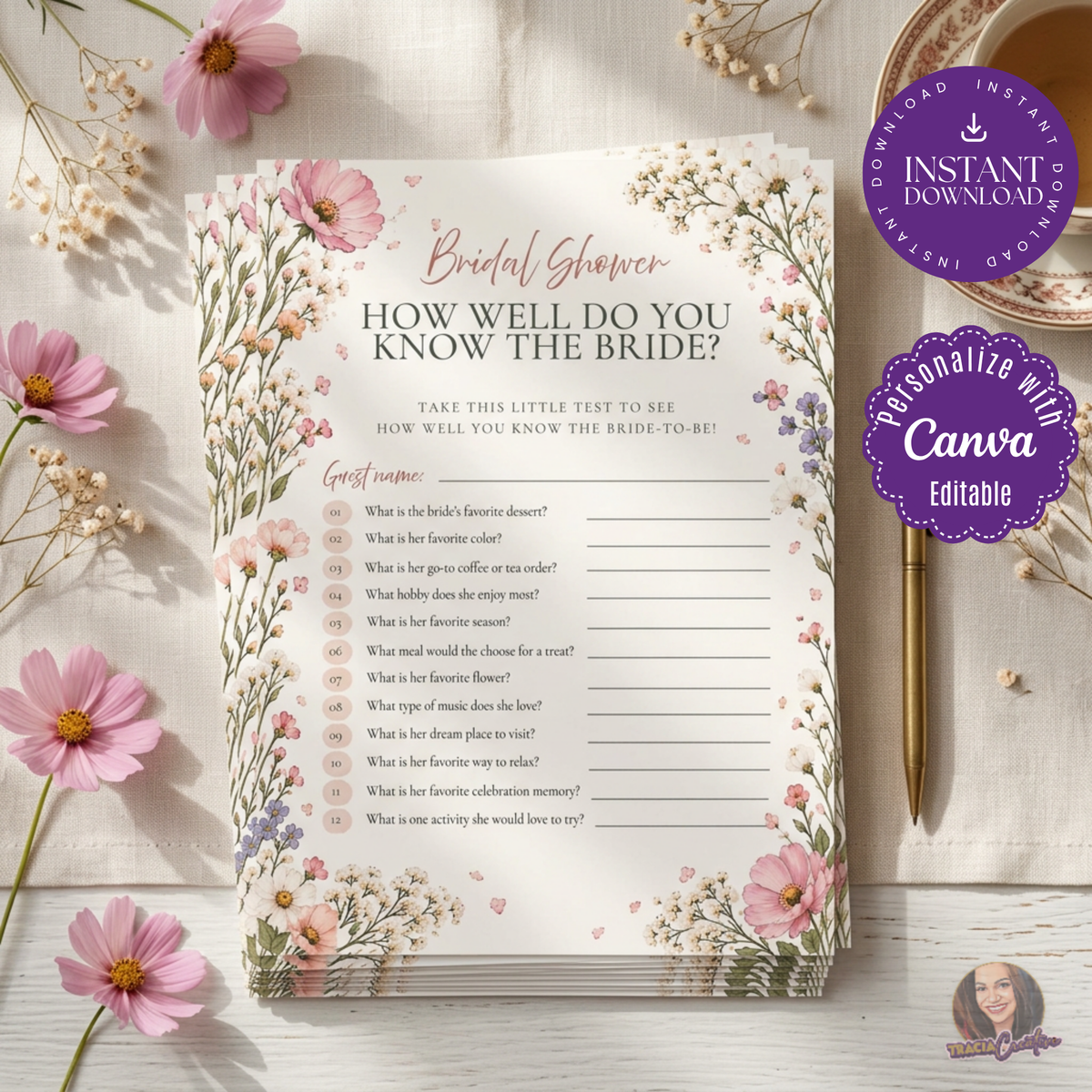 How Well Do You Know the Bride Editable Canva Game Template, Pink Floral Bridal Shower Game, 12 Questions, Answer Key & Host Guide