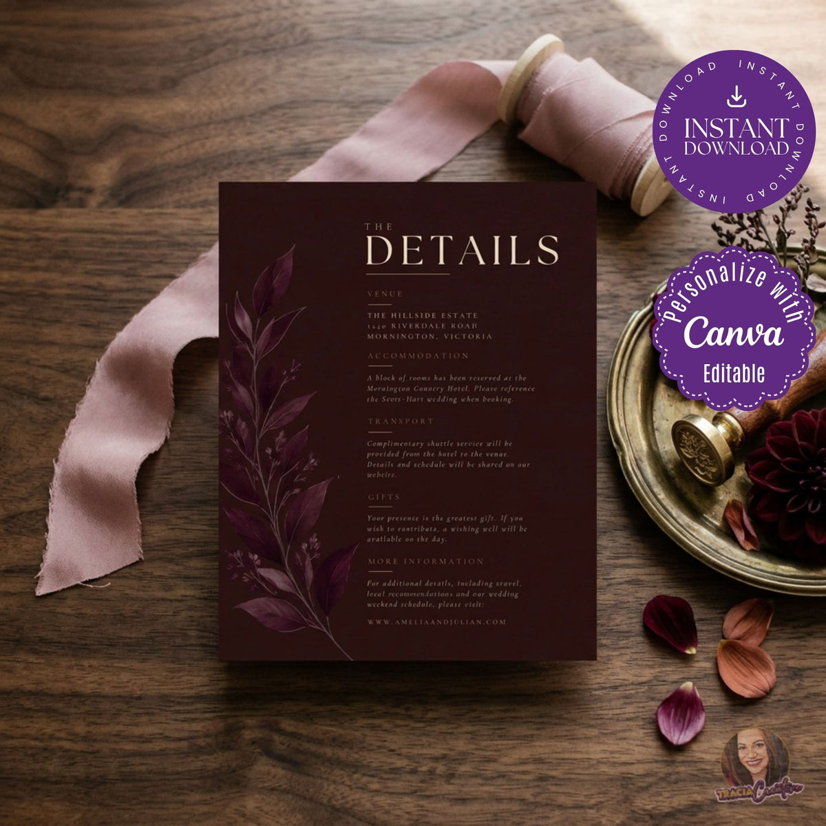 Burgundy Wedding Details Card Template, Minimalist Botanical Wedding Information Insert, Elegant Editable Canva Printable 4.25x5.5