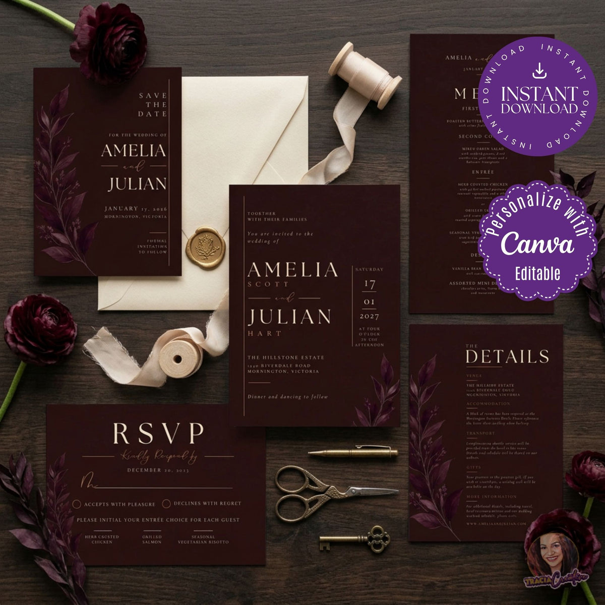 Burgundy Wedding Invitation Suite Bundle, Minimalist Botanical Wedding Stationery, Editable Canva Invitation, RSVP, Details, Save the Date & Menu