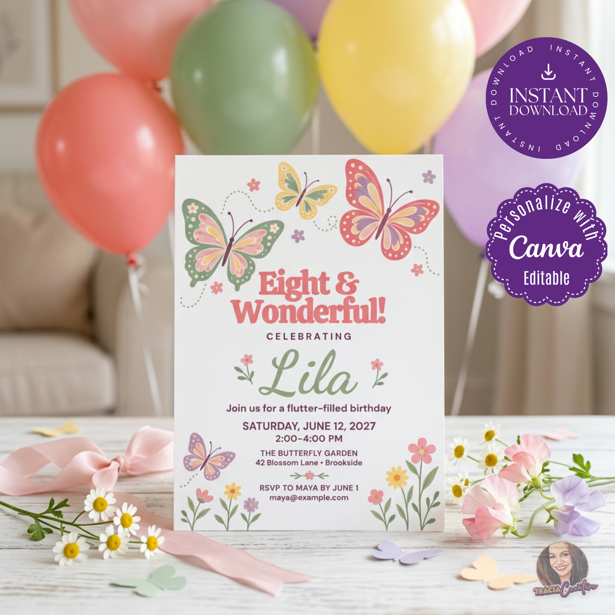 Eight and Wonderful butterfly birthday invitation with pastel butterflies and garden flowers, standing among birthday balloons.