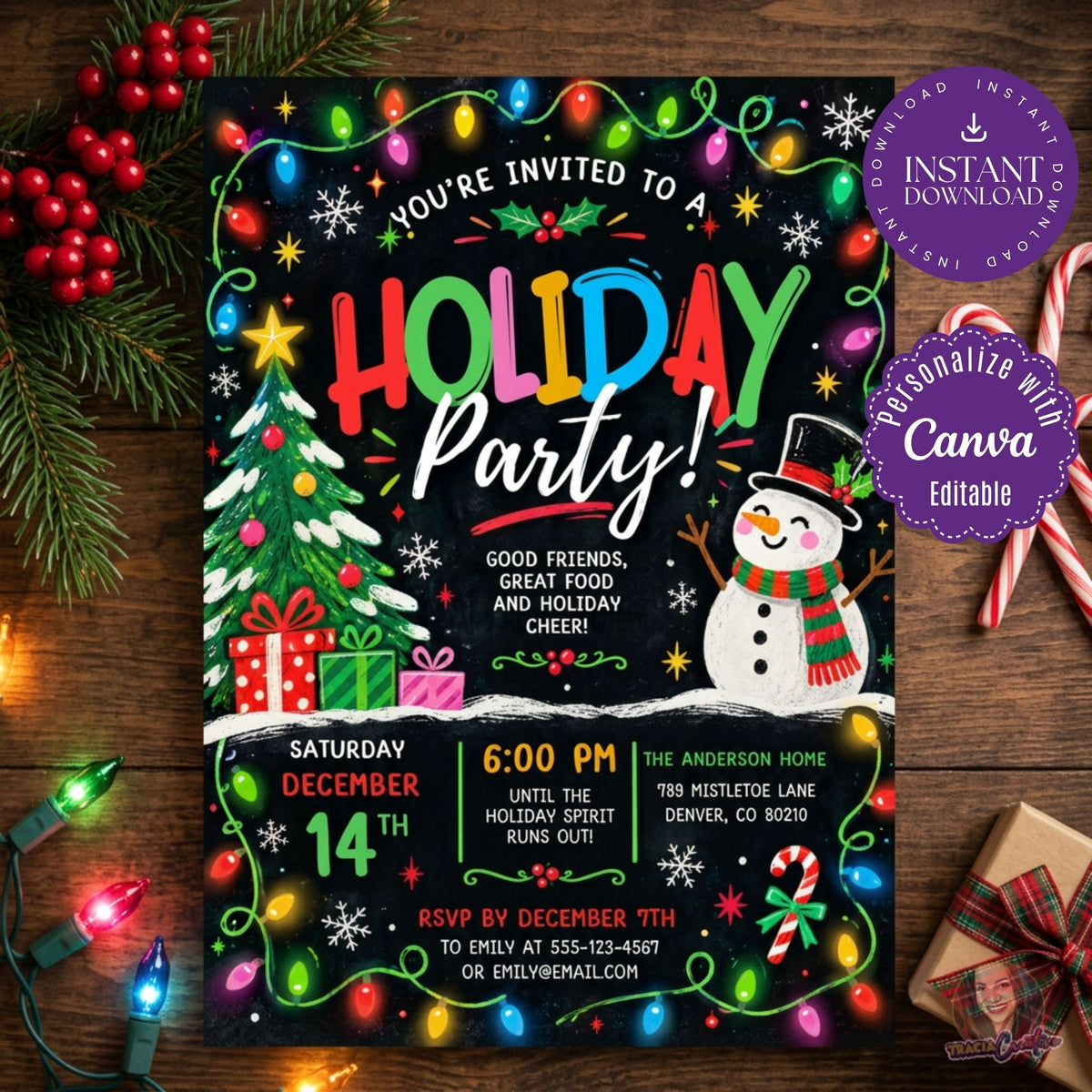 Colorful Christmas Party Invitation Template, Editable Canva Holiday Party Invite, Christmas Lights Snowman Tree, Printable 5x7