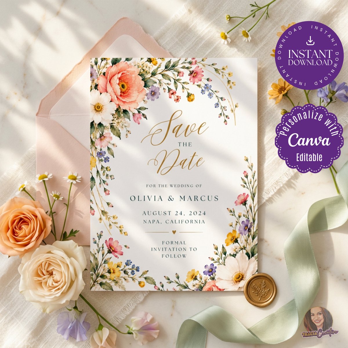 Colorful Wildflower Save the Date Template, Editable Canva Floral Wedding Announcement, 5x7