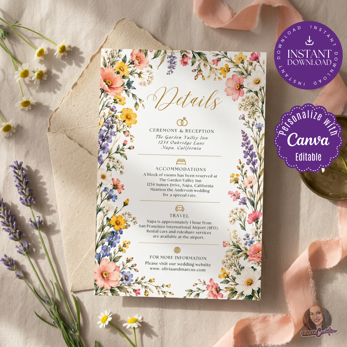 Colorful Wildflower Wedding Details Card Template, Editable Canva Floral Insert, 4x6