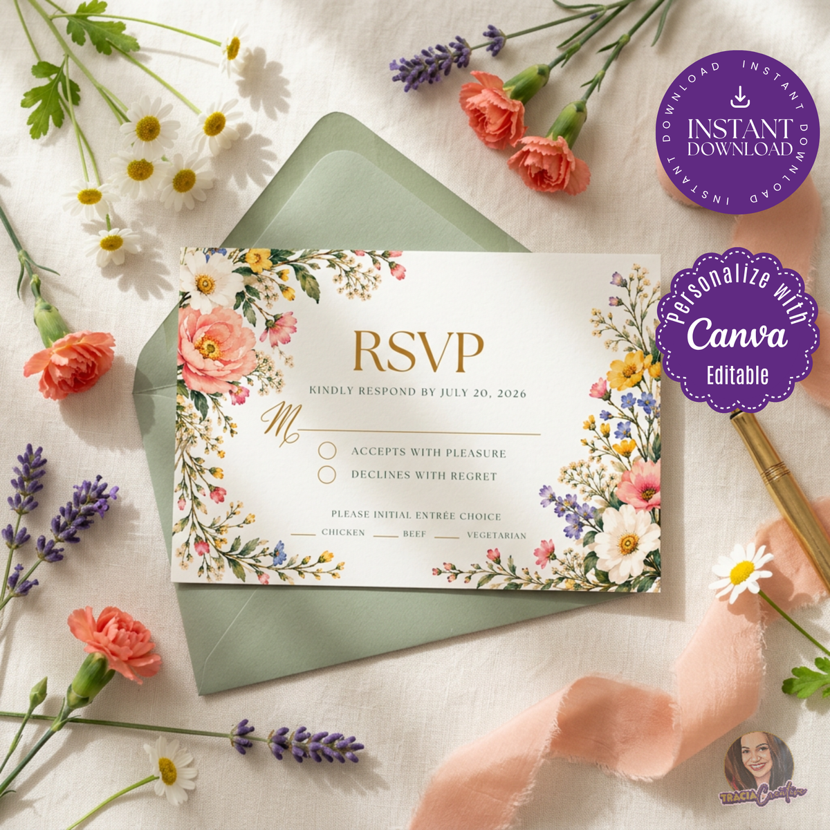 Colorful Wildflower Wedding RSVP Card Template, Editable Canva Floral Response Card, 5x3.5