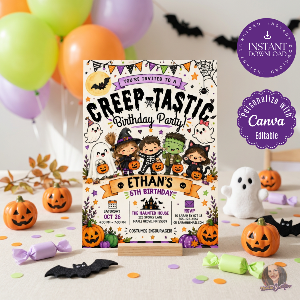 Creep-Tastic Halloween 5th Birthday Invitation Template, Cute Kids Costume Party Invite, Editable Canva Halloween Birthday Invitation, Printable 5x7