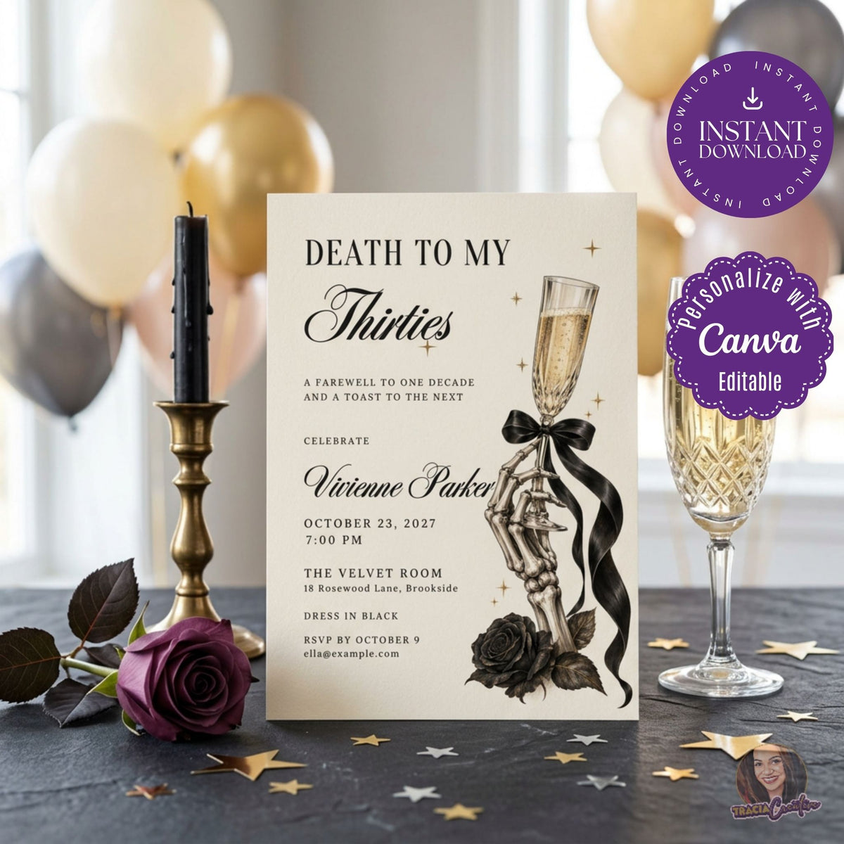 Death to My Thirties 40th birthday invitation with a skeleton hand, champagne flute and black bow, styled beside a purple rose, candle and gold balloons.