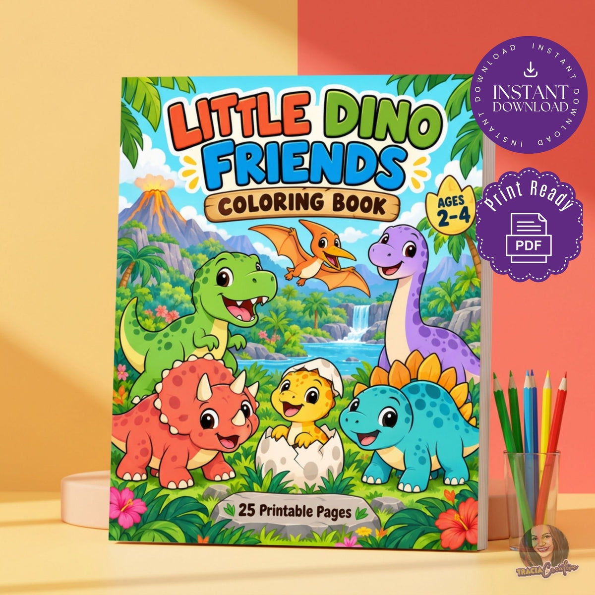 Little Dino Friends coloring-book cover with colorful dinosaurs, shown beside pencils and digital-download badges.
