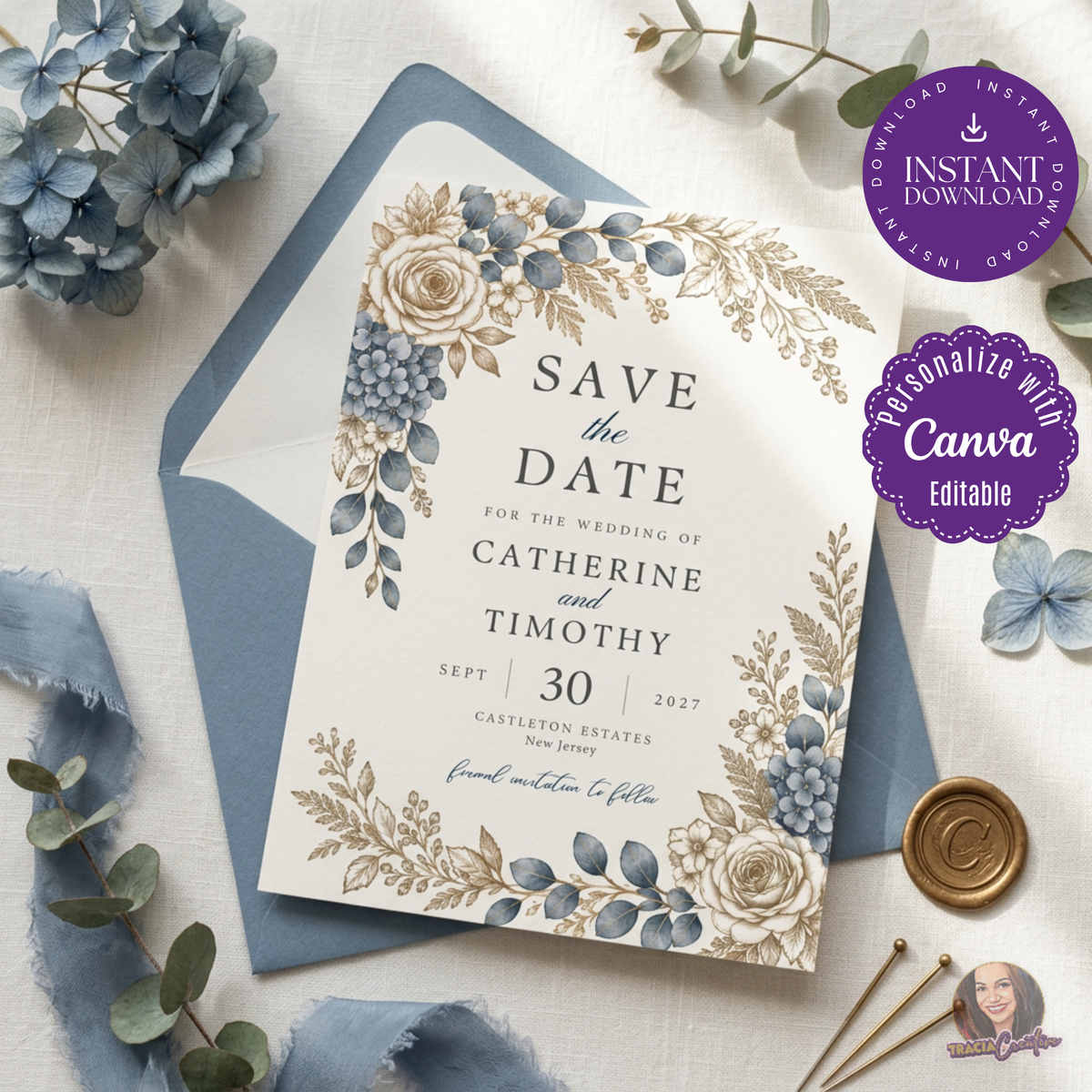 Dusty Blue Hydrangea Save the Date Template, Editable Canva Wedding Card, 5x7
