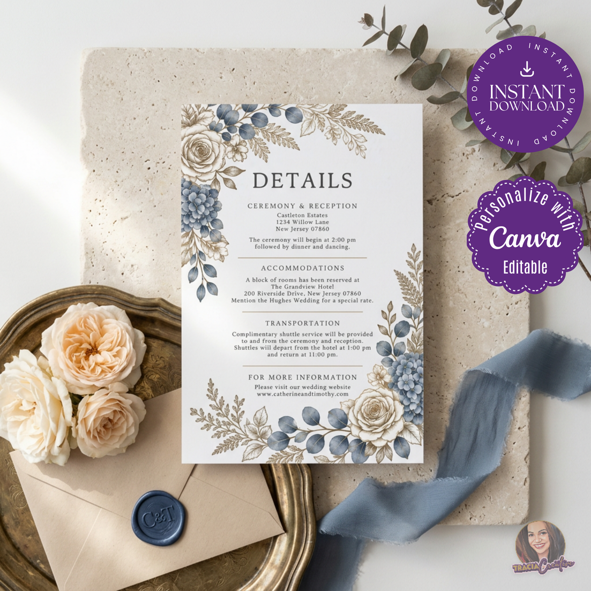 Dusty Blue Hydrangea Wedding Details Card Template, Editable Canva Floral Invitation Insert, 4x6