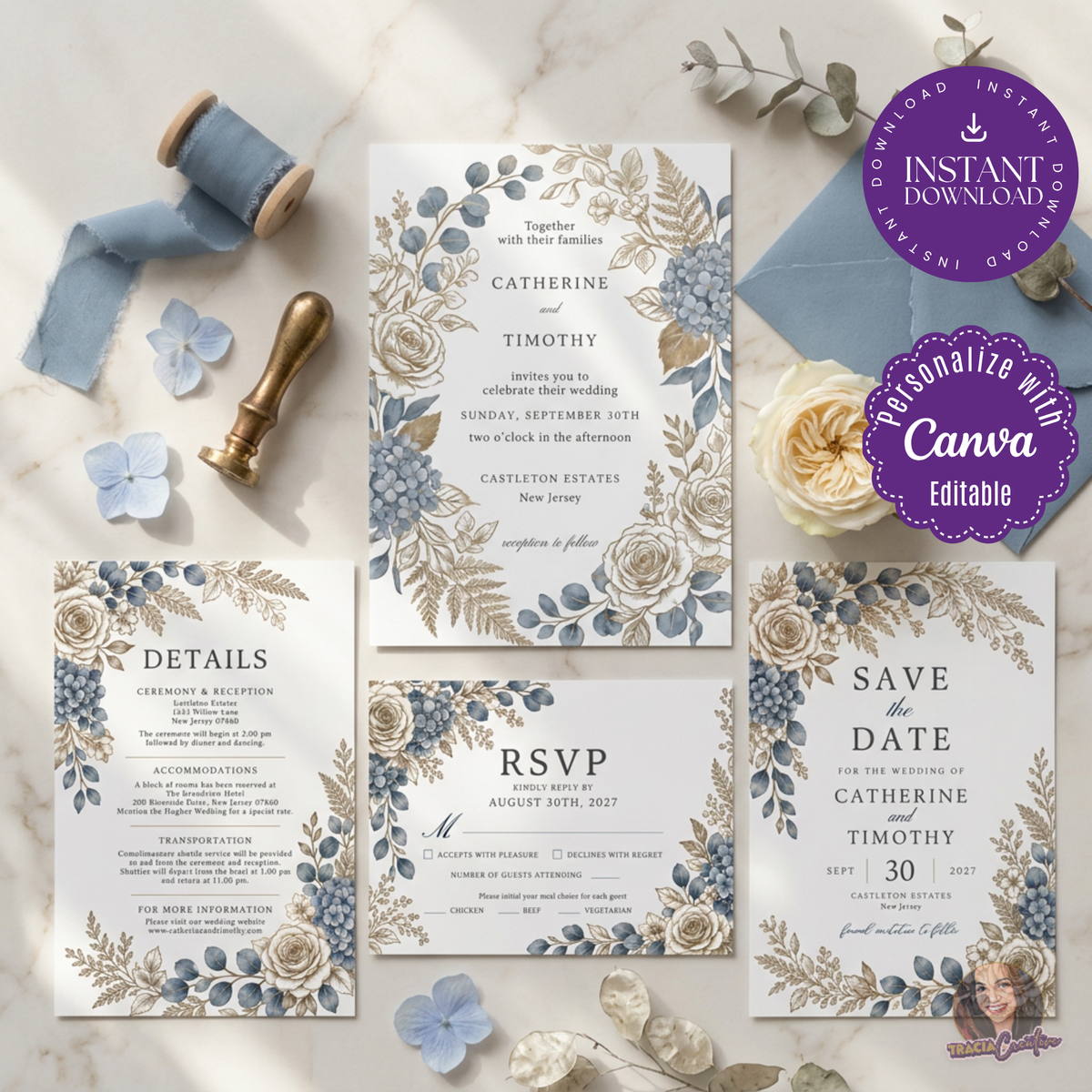 Dusty Blue Hydrangea Wedding Invitation Suite Bundle, Editable Canva Floral Wedding Templates
