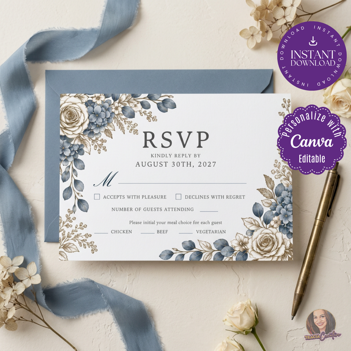 Dusty Blue Hydrangea Wedding RSVP Card Template, Editable Canva Response Card, 5x3.5
