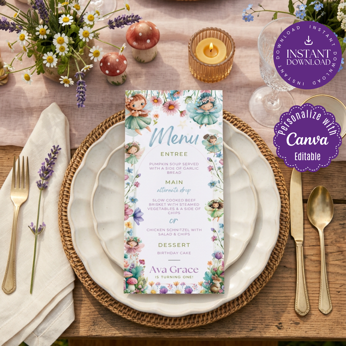 Fairy Princess 1st Birthday Menu Template, Enchanted Garden Party Food Sign, Editable Canva, Printable Table Decor