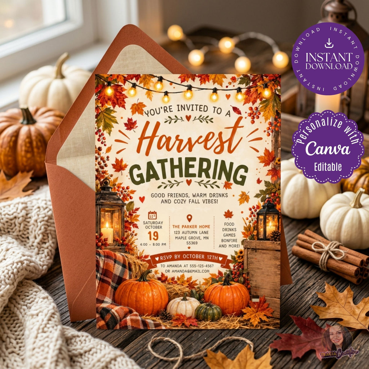Fall Harvest Gathering Invitation Template, Editable Canva Autumn Party Invite, Rustic Pumpkin Bonfire Party Thanksgiving Invitation, Printable 5x7
