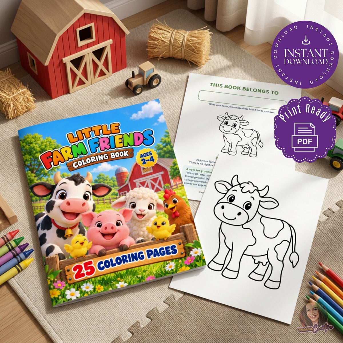 Little Farm Friends cover with cow coloring and belongs-to pages beside a toy barn and tractor.