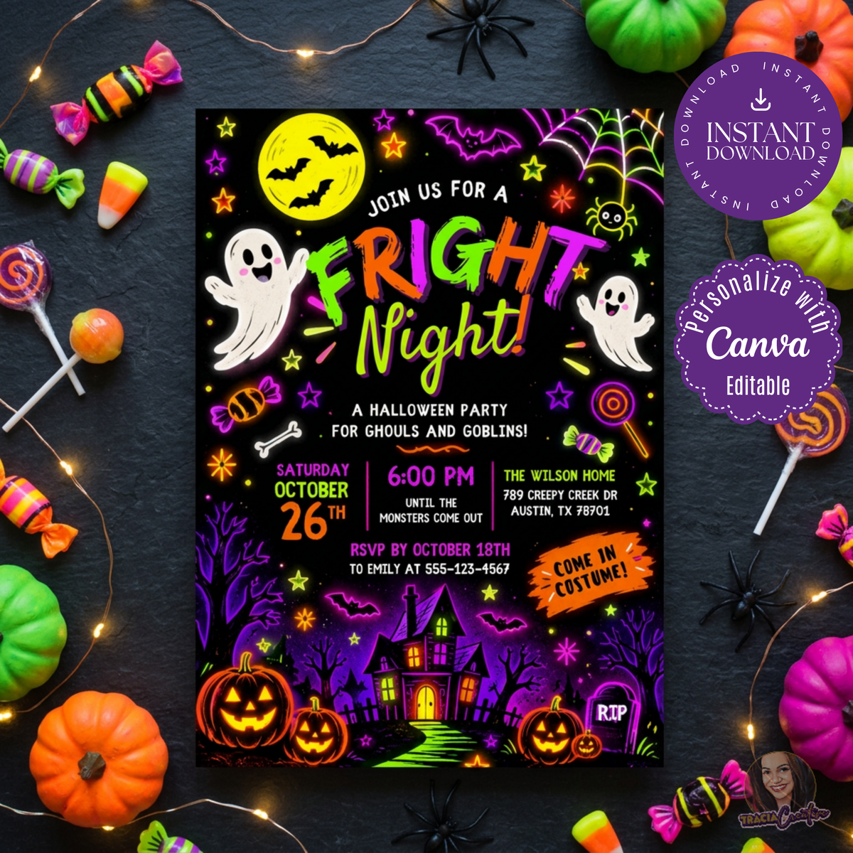 Neon Fright Night invitation with ghosts, a yellow moon and a purple haunted house