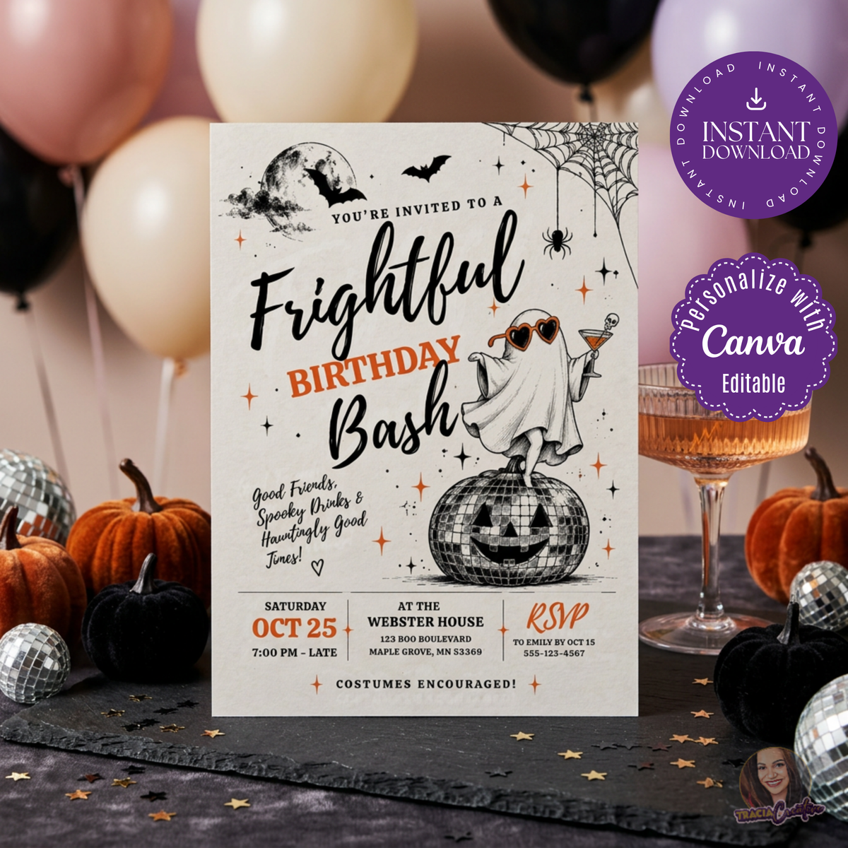 Frightful Birthday Bash Invitation Template, Halloween Ghost Disco Party Invite, Editable Canva Adult Halloween Birthday Invitation, Printable 5x7