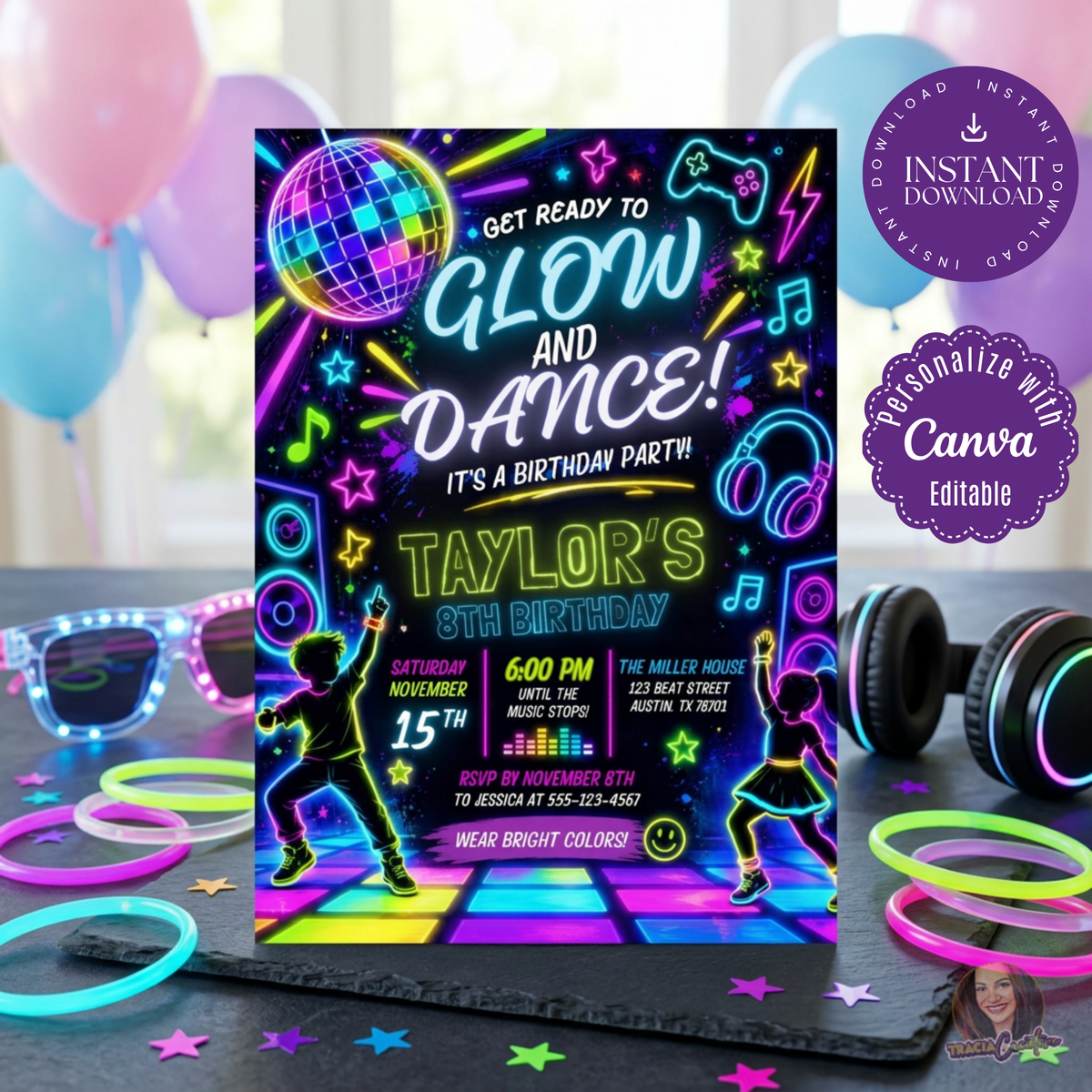 Neon Glow and Dance birthday invitation standing beside glow bracelets, headphones and balloons.