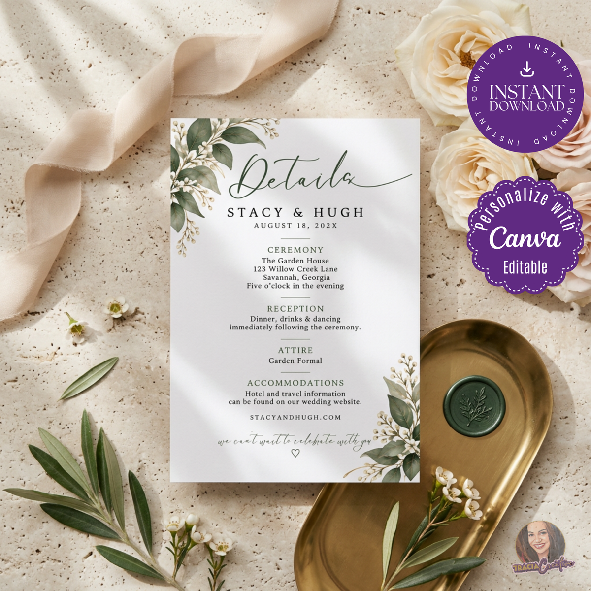 Greenery Wedding Details Card Template, Eucalyptus Editable Canva Insert, 4x6