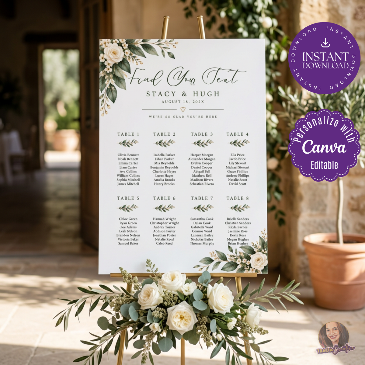 Greenery Wedding Seating Chart Template, Eucalyptus Editable Canva Seating Plan