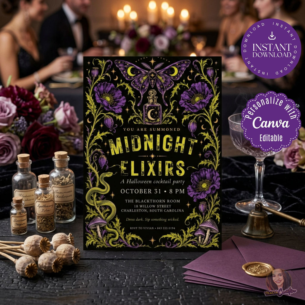 Midnight Elixirs Halloween Cocktail Party Invitation Template, Gothic Witchy Halloween Invite, Editable Canva Digital Download, 5x7