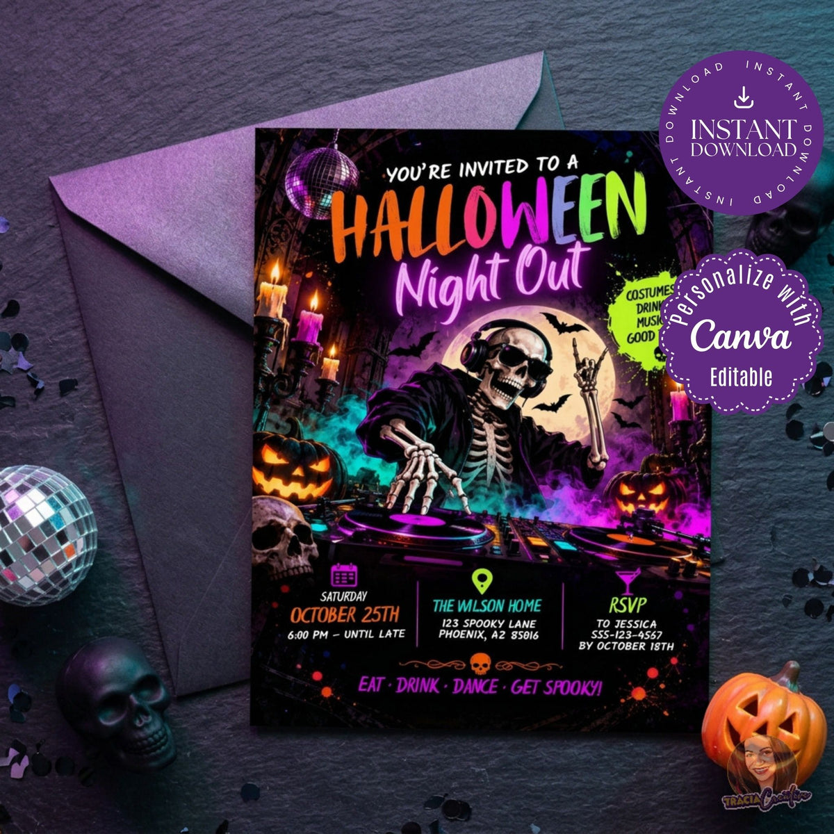 Halloween Night Out invitation with neon lettering and a skeleton DJ on a purple envelope