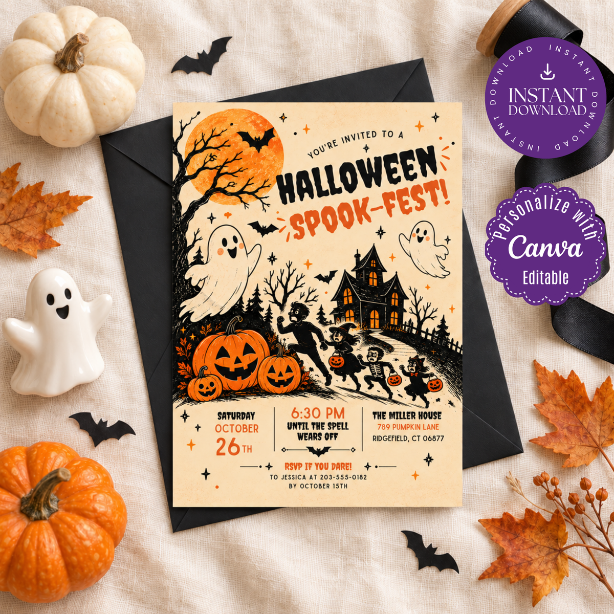 Vintage orange and black Spook-Fest invitation with ghosts, pumpkins and a haunted house on a black envelope