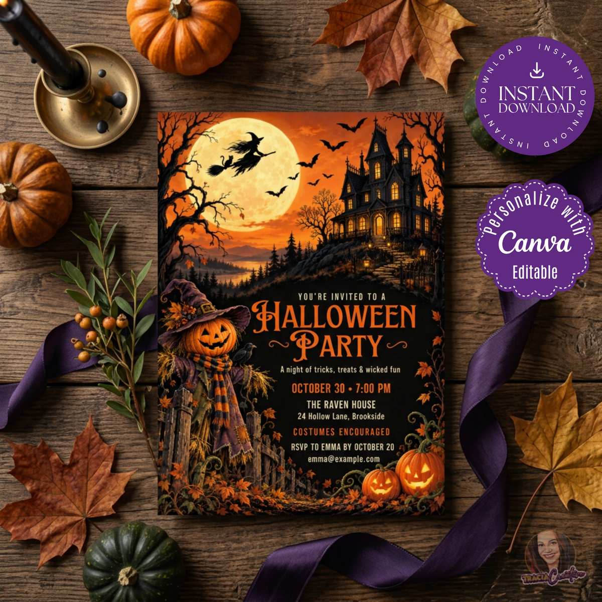 Haunted-house Halloween invitation with a witch, moon and pumpkin scarecrow, styled with autumn leaves and candles.