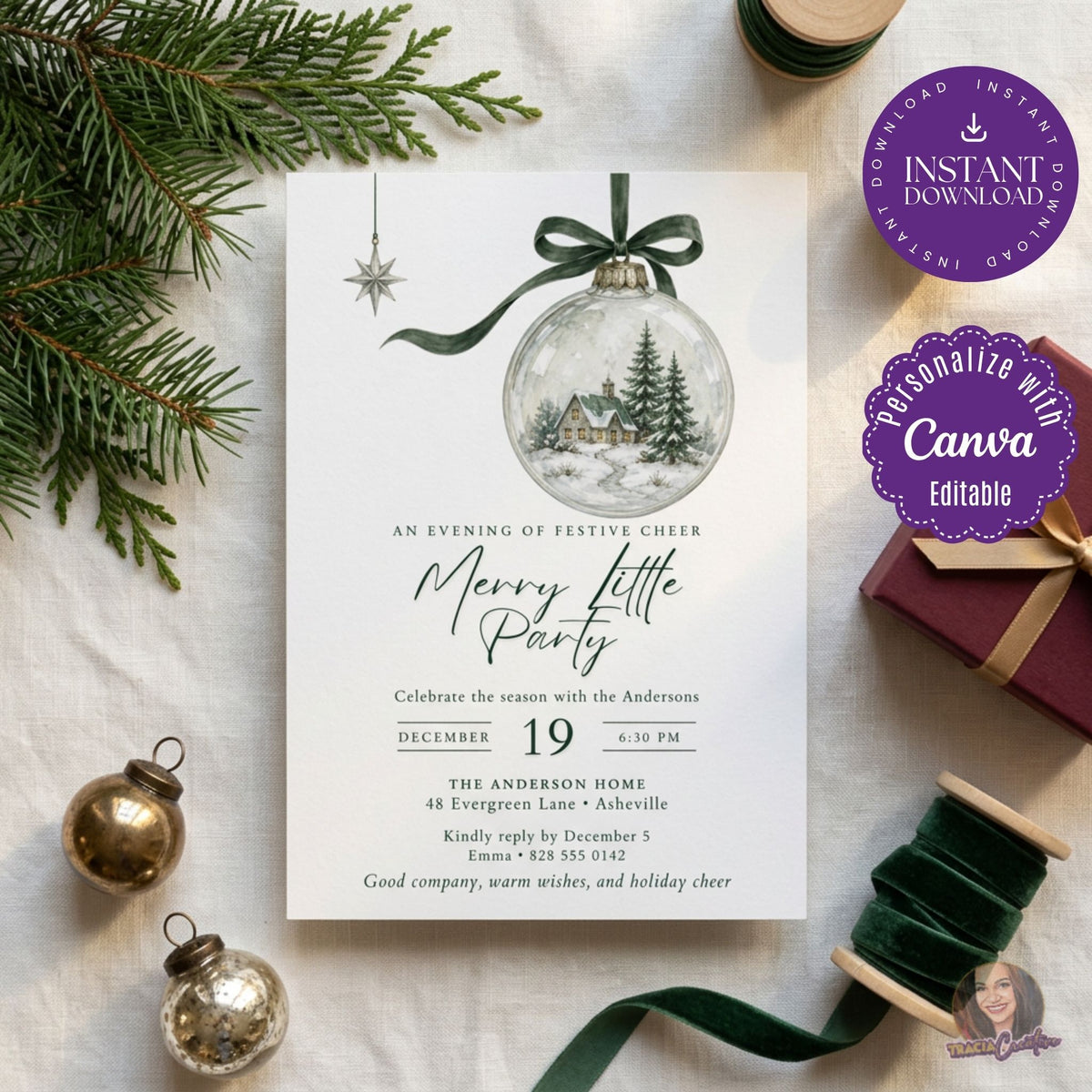 Merry Little Party Christmas Invitation Template, Editable Canva Holiday Party Invite, Watercolor Snow Globe Ornament, Printable 5x7