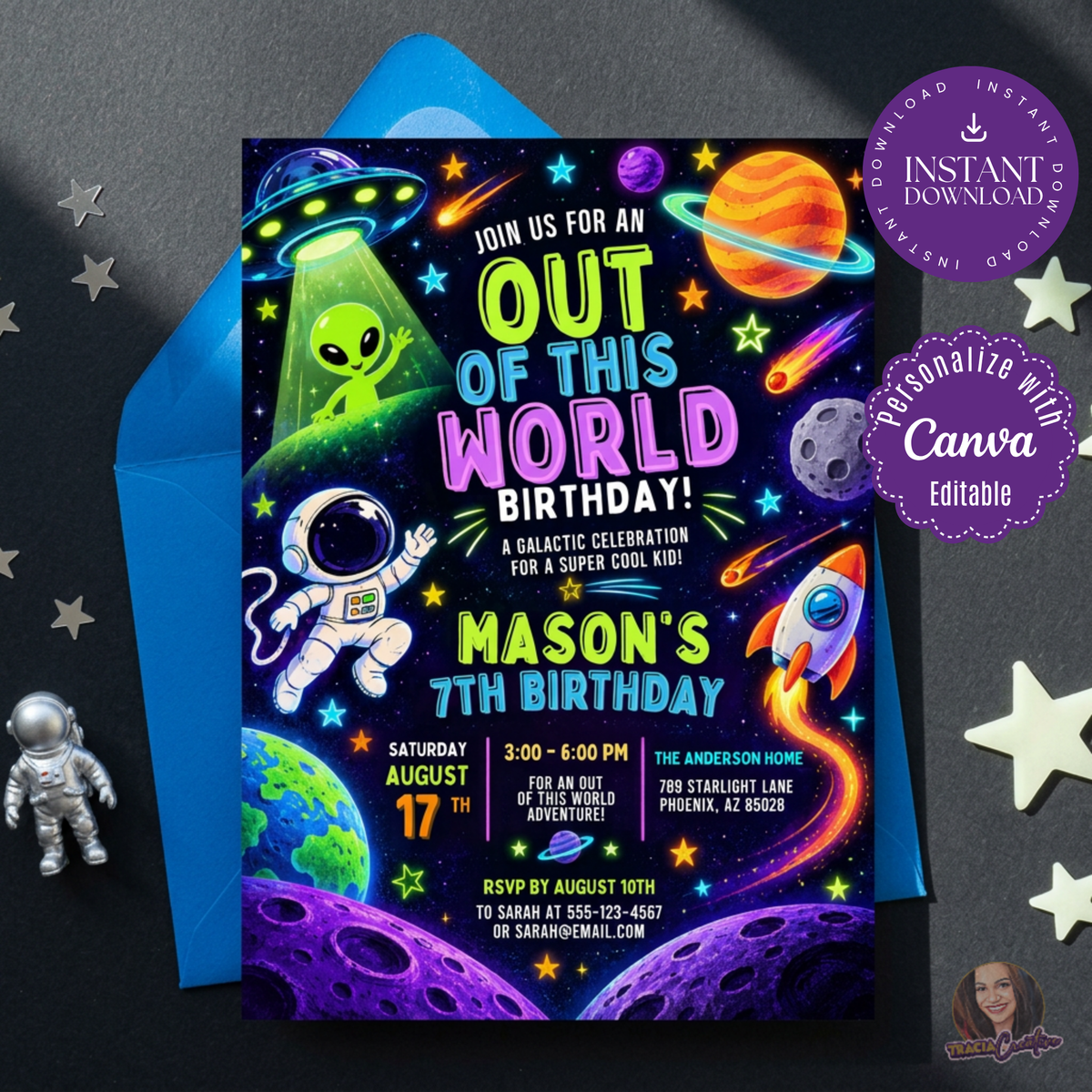 Out of This World space birthday invitation with an alien, astronaut and planets, styled with a blue envelope.