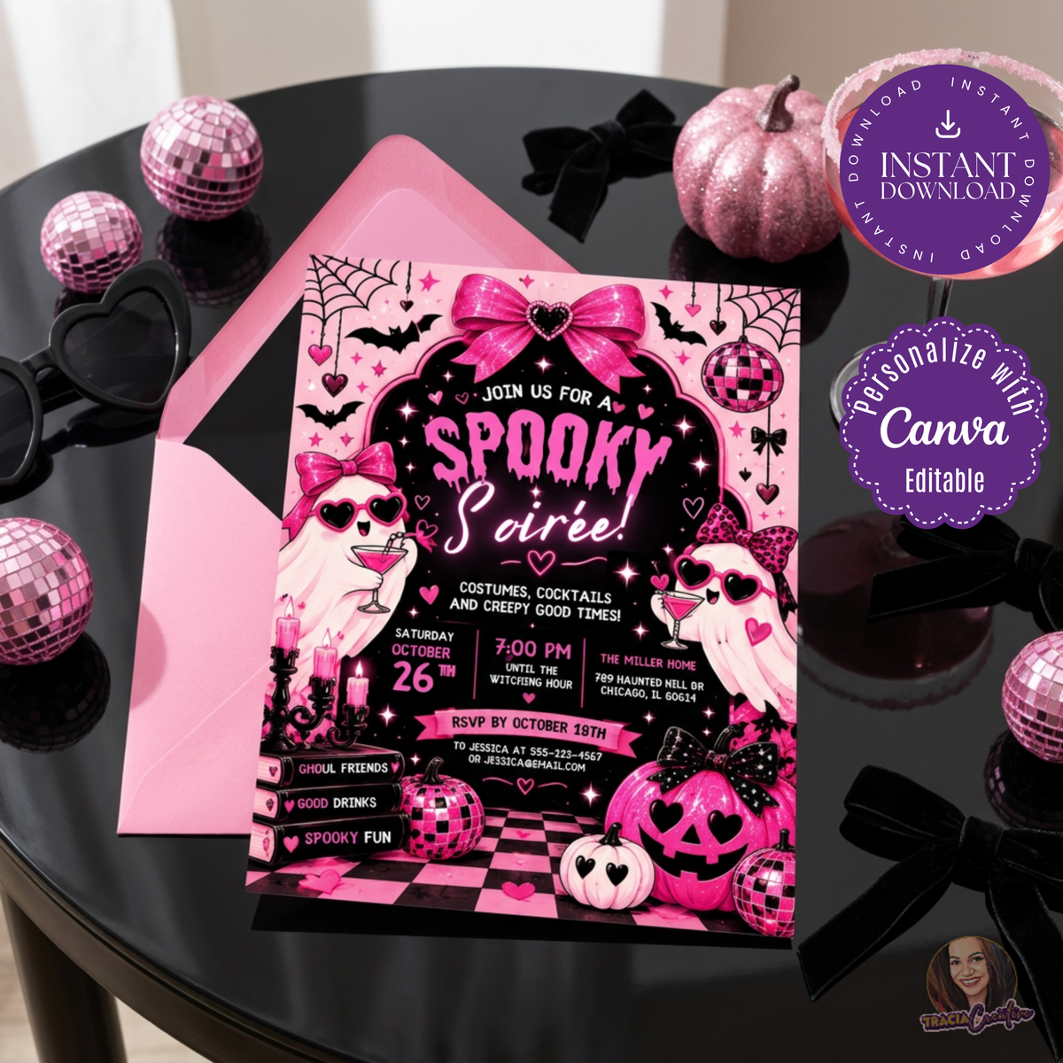 Pink Spooky Soiree invitation with bows, ghosts and pumpkins beside a pink envelope