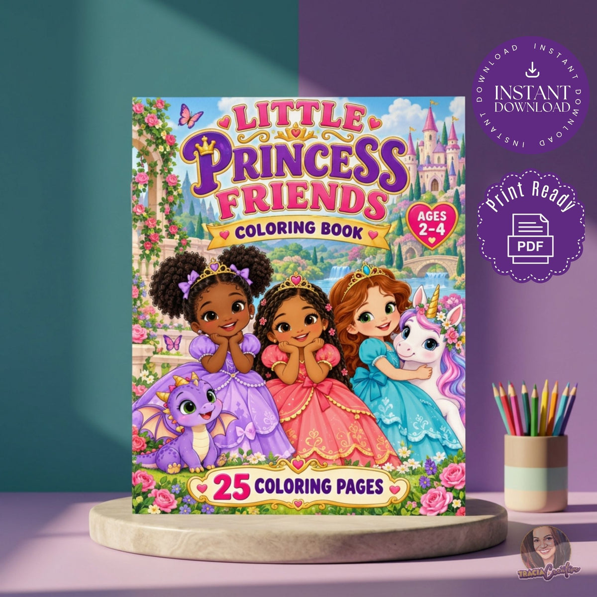 Little Princess Friends coloring-book cover with princesses, a unicorn and a small dragon on a display stand.