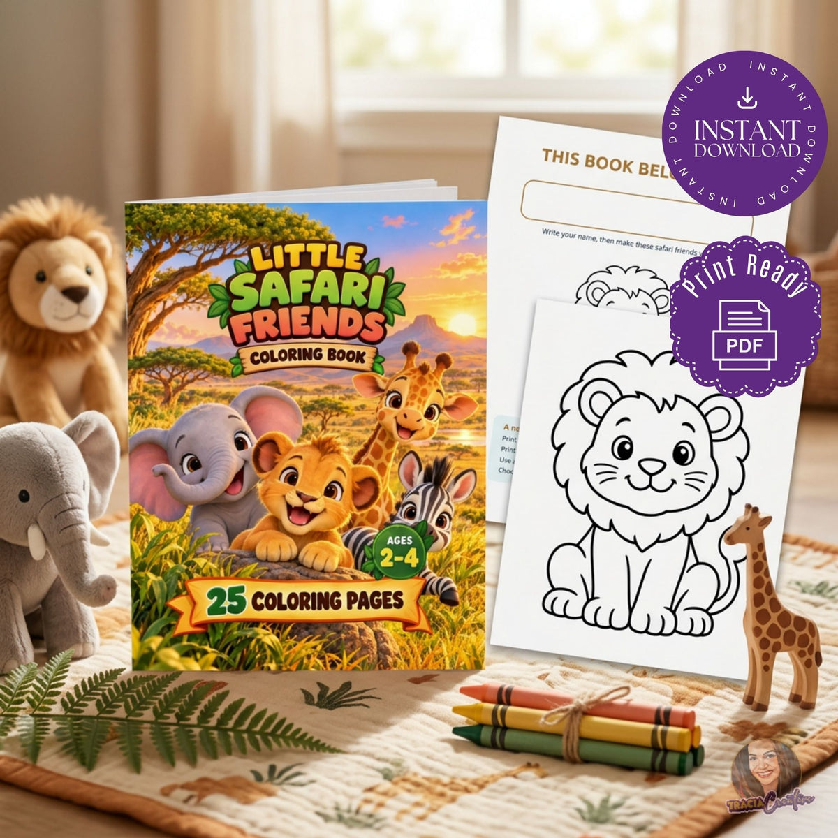 Little Safari Friends cover with a lion coloring page and belongs-to sheet beside plush animals.