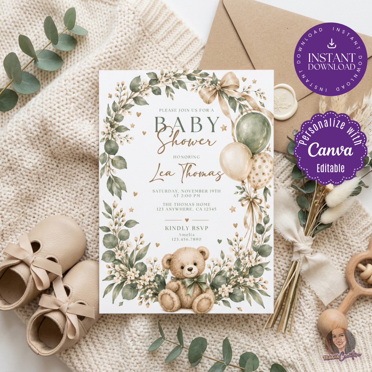 Sage Green Teddy Bear Baby Shower Invitation Template, Editable Canva Neutral Baby Shower Invite, 5x7