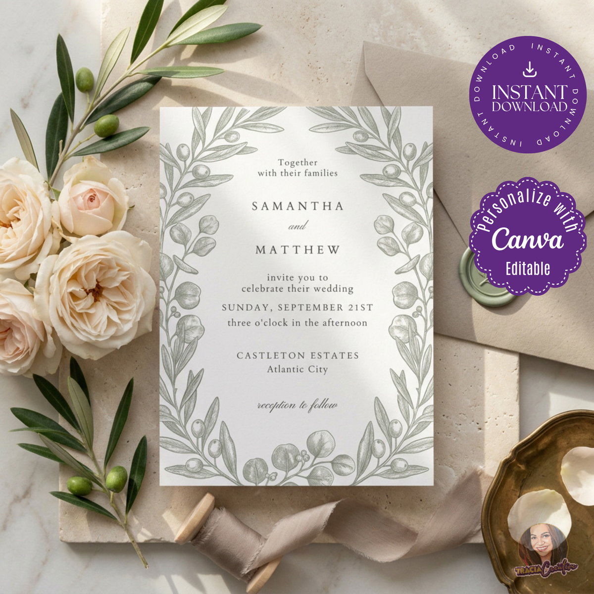 Sage Olive Branch Wedding Invitation Template, Botanical Editable Canva Wedding Invite, 5x7