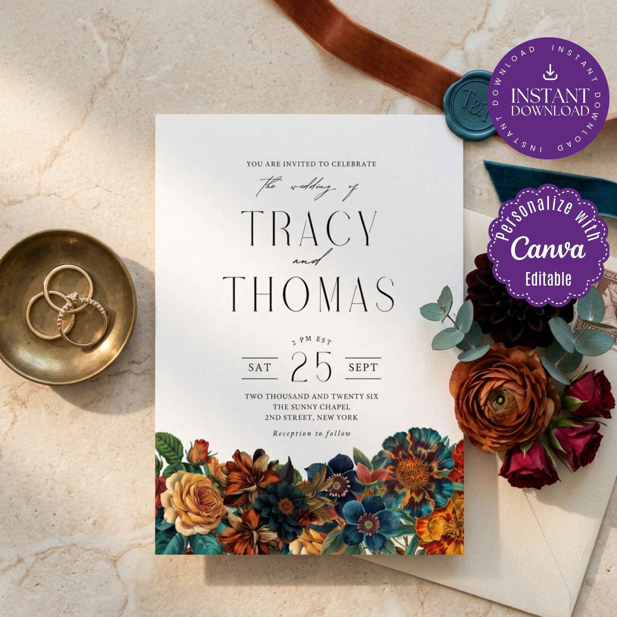 Moody Floral Wedding Invitation Template, Vintage Botanical Invite | Dark Floral Wedding Invitation, Editable Canva Template, Burnt Orange