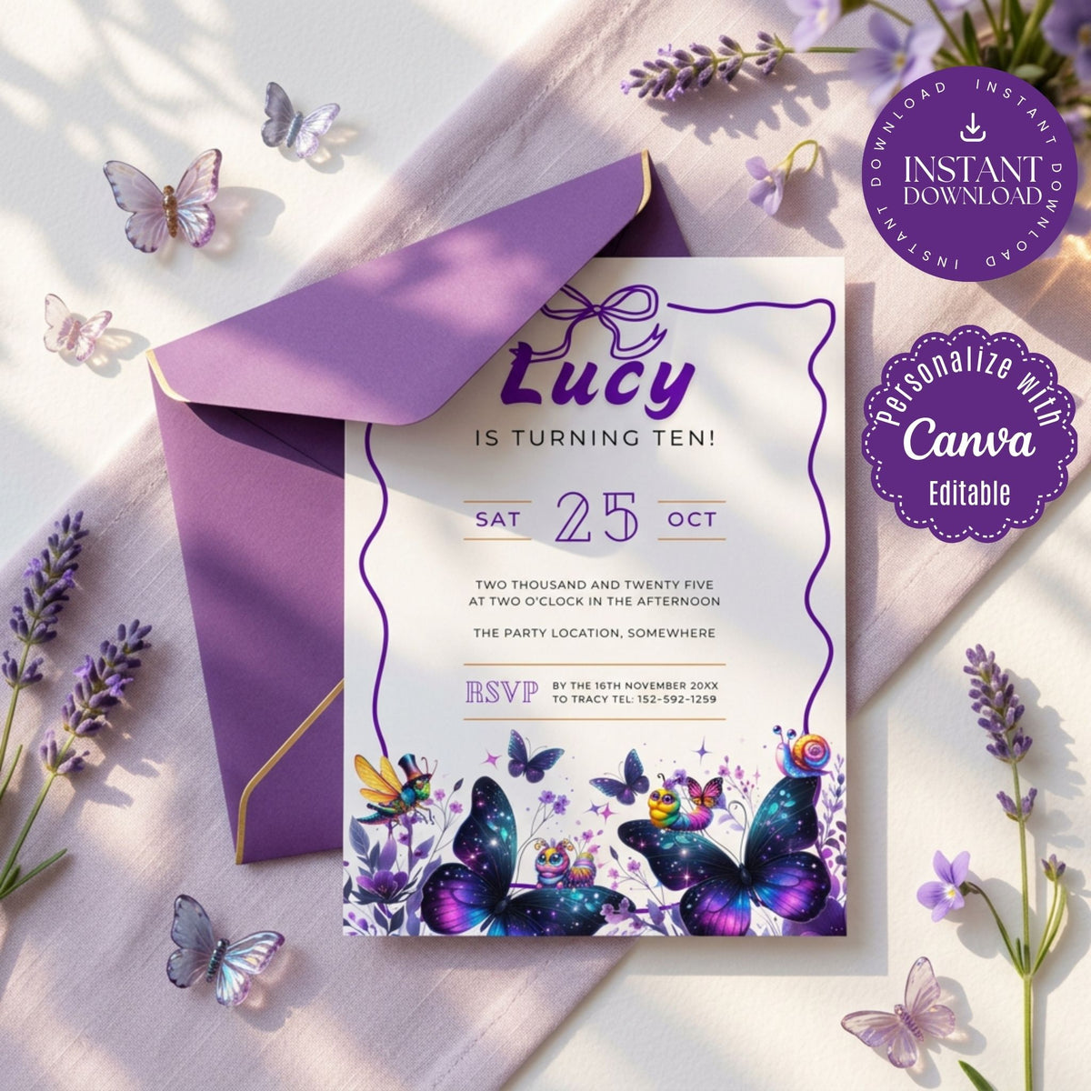 Purple Butterfly Kids’ Birthday Invitation Template, Girls’ Floral Party Invite, Editable Canva Template, Printable 5x7 Invitation