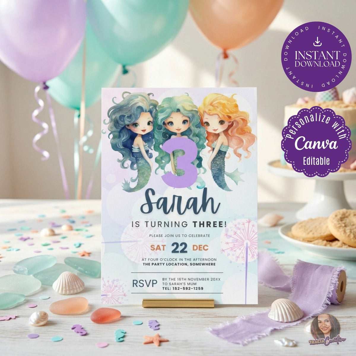 Mermaid Third Birthday Invitation Template, Under the Sea Girls’ 3rd Birthday Party Invite, Editable Canva Template, Printable 5x7 Invitation