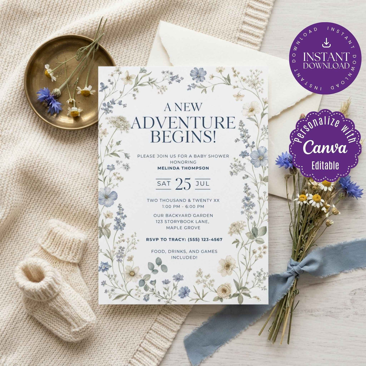 Wildflower Baby Shower Invitation Template, Blue Floral Baby Shower Invite, Whimsical Garden Baby Shower, Editable Canva Invitation, Printable Instant Download