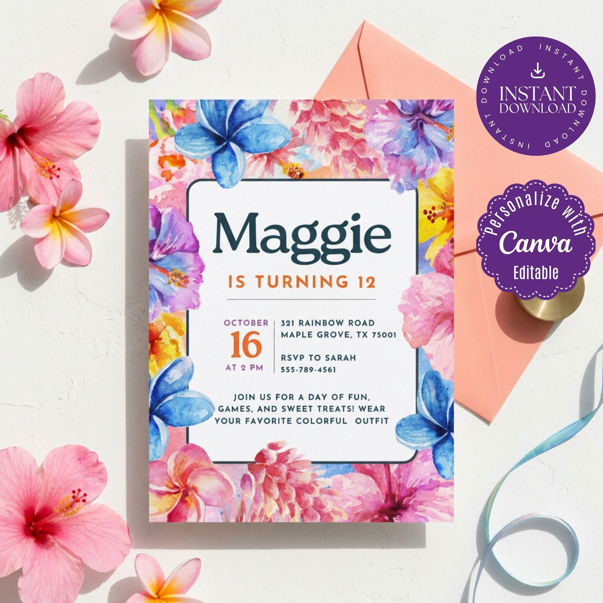 Rainbow Watercolor Floral Birthday Invitation Template, Colorful Girls’ Party Invite, Editable Canva Template, Printable 5x7 Invitation